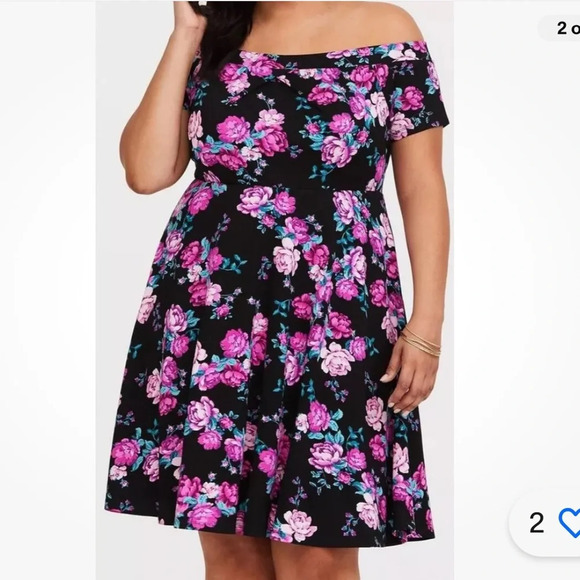 Torrid Mini Ponte Off Shoulder Black Floral Print Skater Dress Size 5 NWT Dressy - Picture 2 of 11